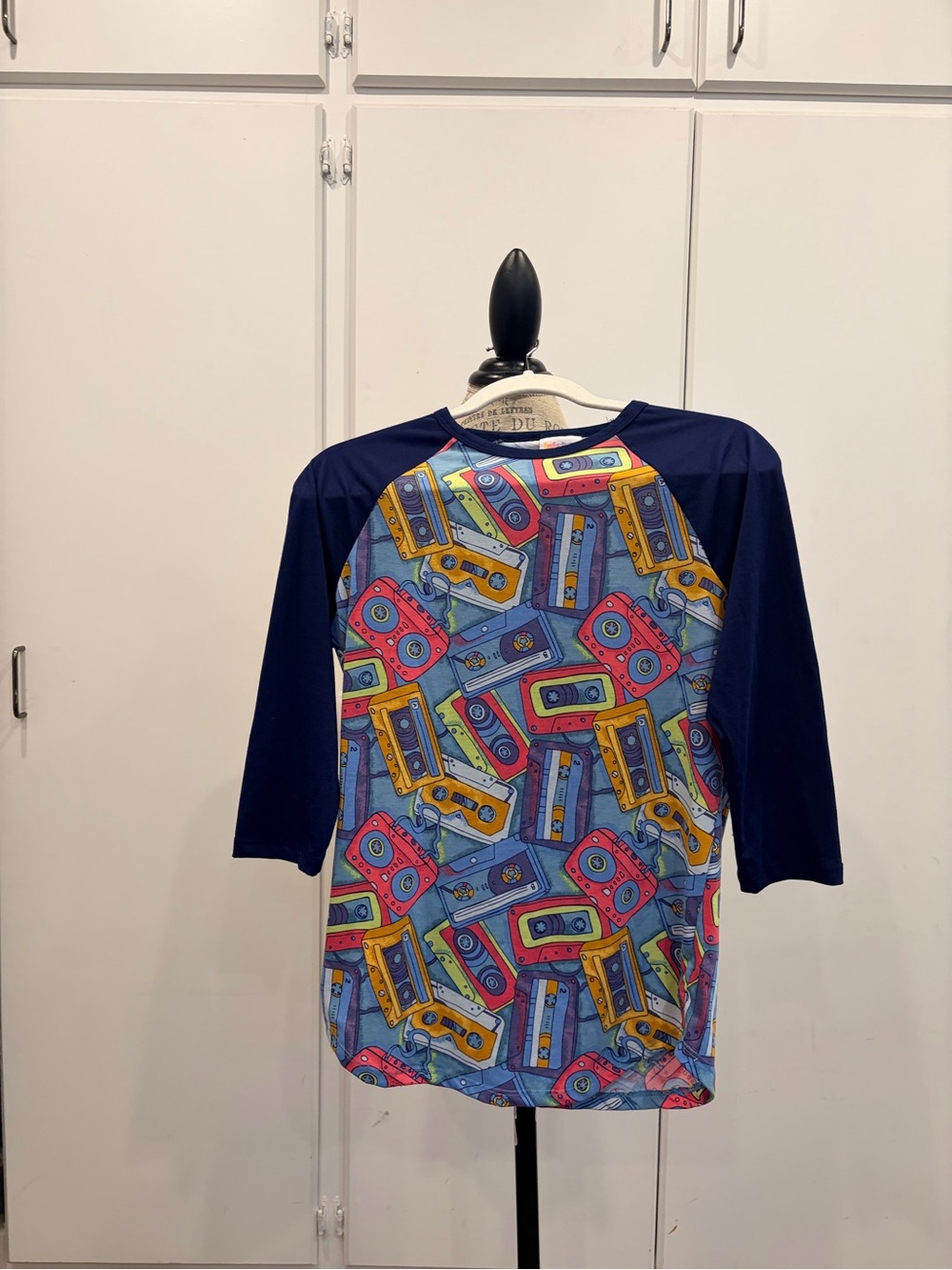 LulaRoe Randy Retro Cassette Print Raglan Tee - Navy Sleeves